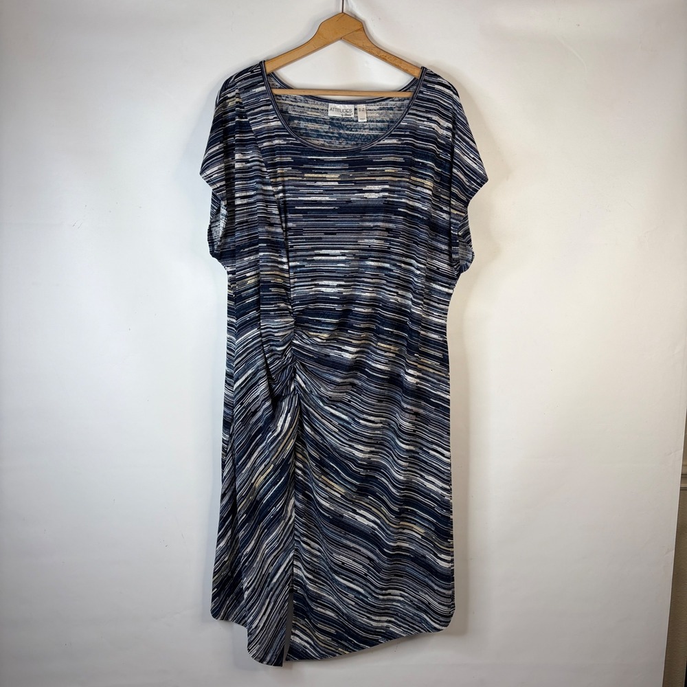 Attitudes by Renee Dress Women 3X Blue White Abstract Stripe Knot Front Slit